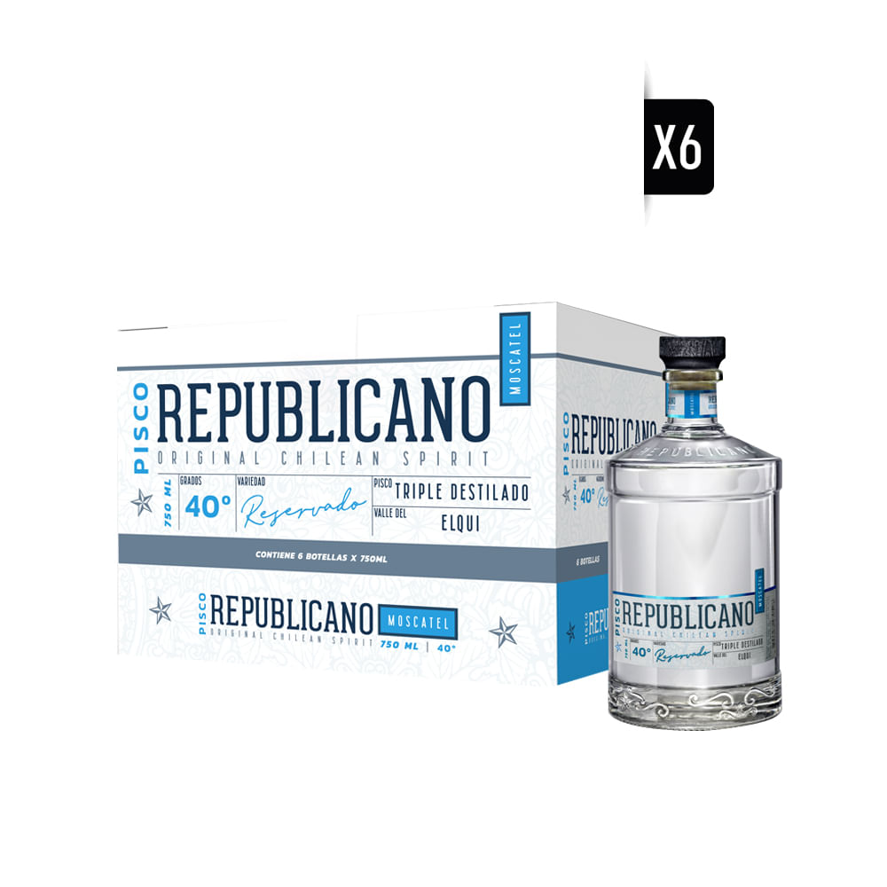 Pack 6x Pisco Republicano Moscatel Triple Destilado 750cc