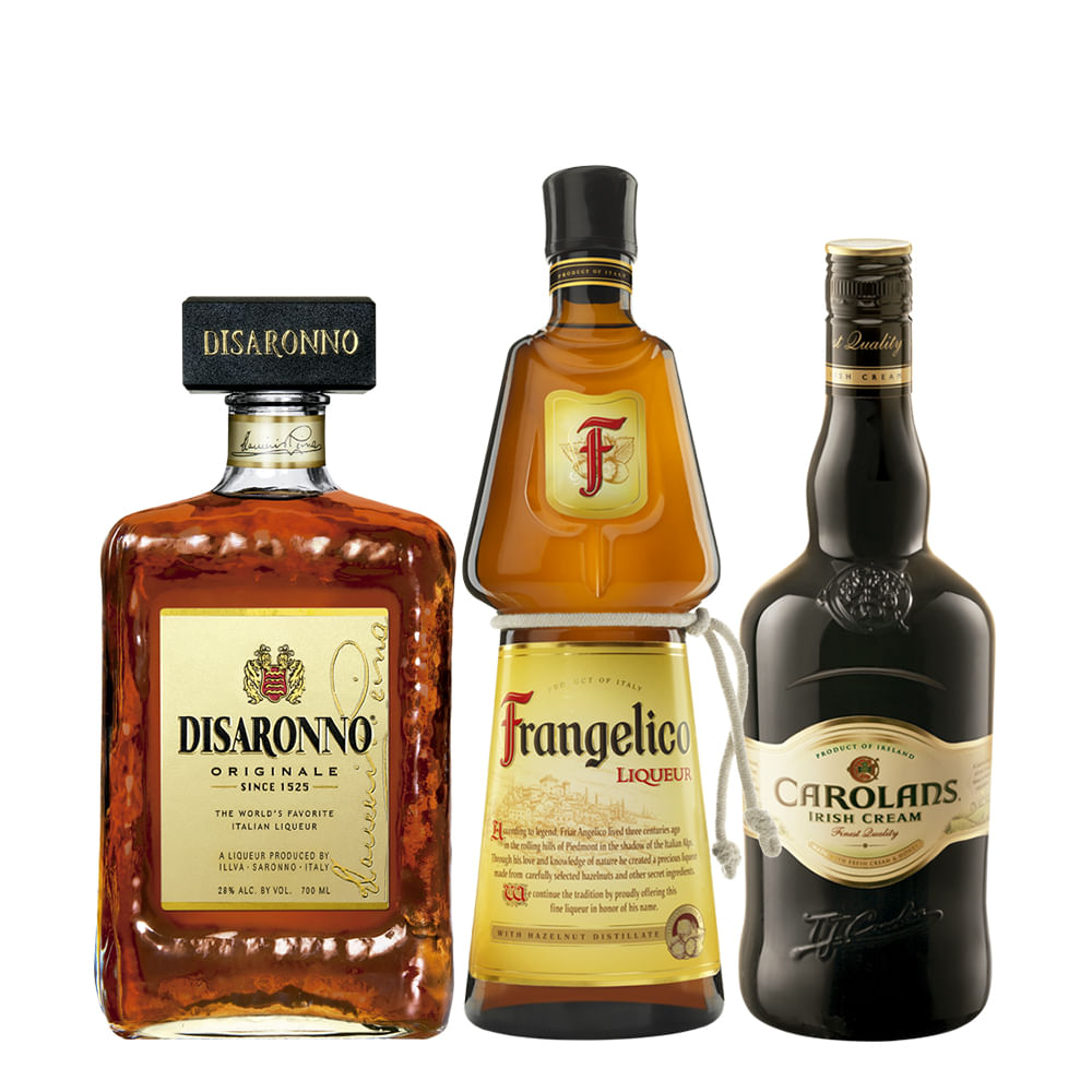 Pack Licores: Amaretto Disaronno 700cc + Frangelico 700cc + Carolans 750cc