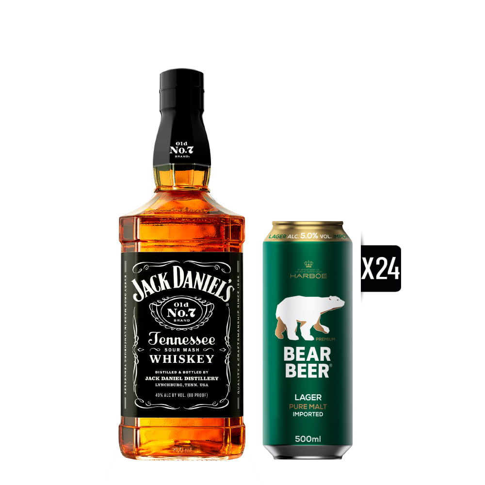 Pack Whiskey Jack Daniel´s Old N°7 750cc + 24x Cerveza Bear Beer Lager 500cc