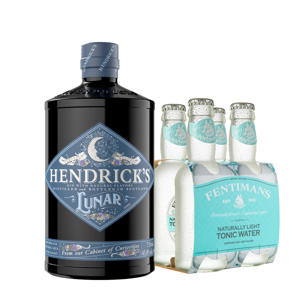 Pack Gin Hendricks Lunar 700cc + 4x Agua Tónica Fentimans Light Tonic Water 200cc