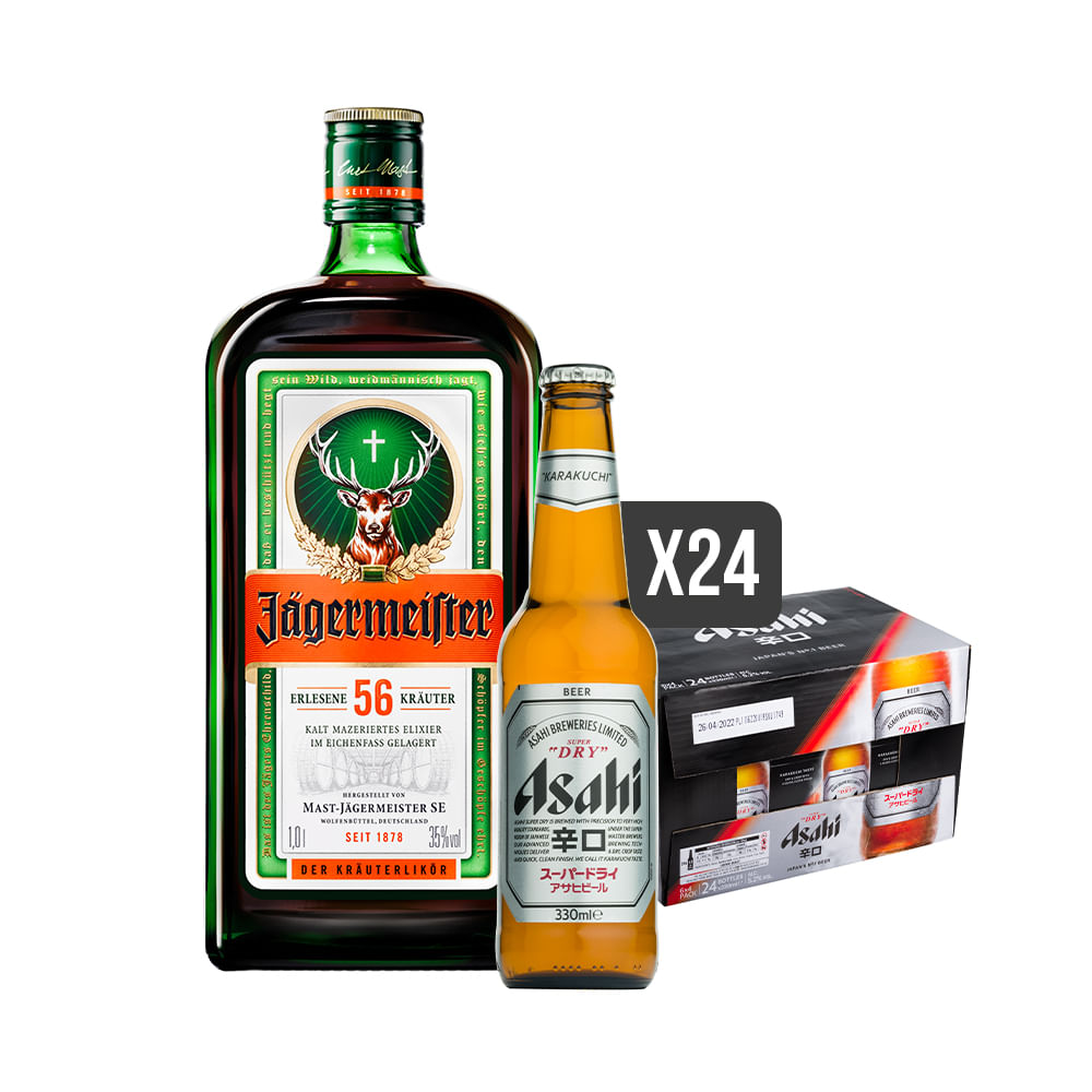 Pack 24x Cerveza Asahi Lager 330cc + Licor Jagermeister 1000cc