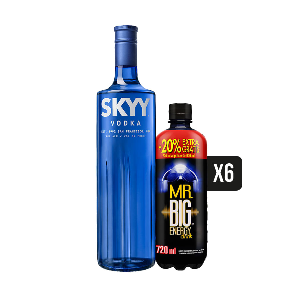 Pack Vodka SKYY 1000cc + 6 Botellas Bebida Energética Mr Big 720cc