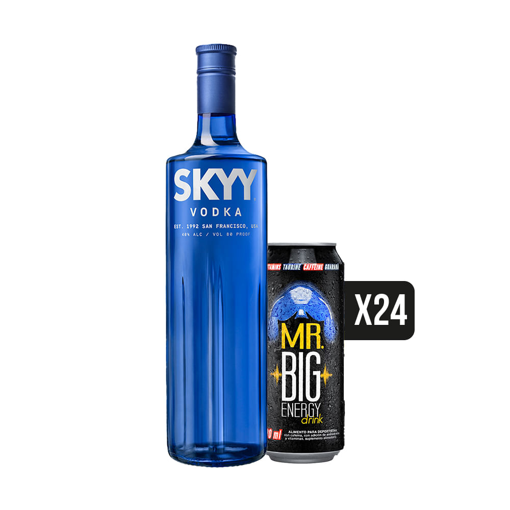 Pack Vodka SKYY 1000cc + 24X Latas Bebida Energética Mr Big 500cc