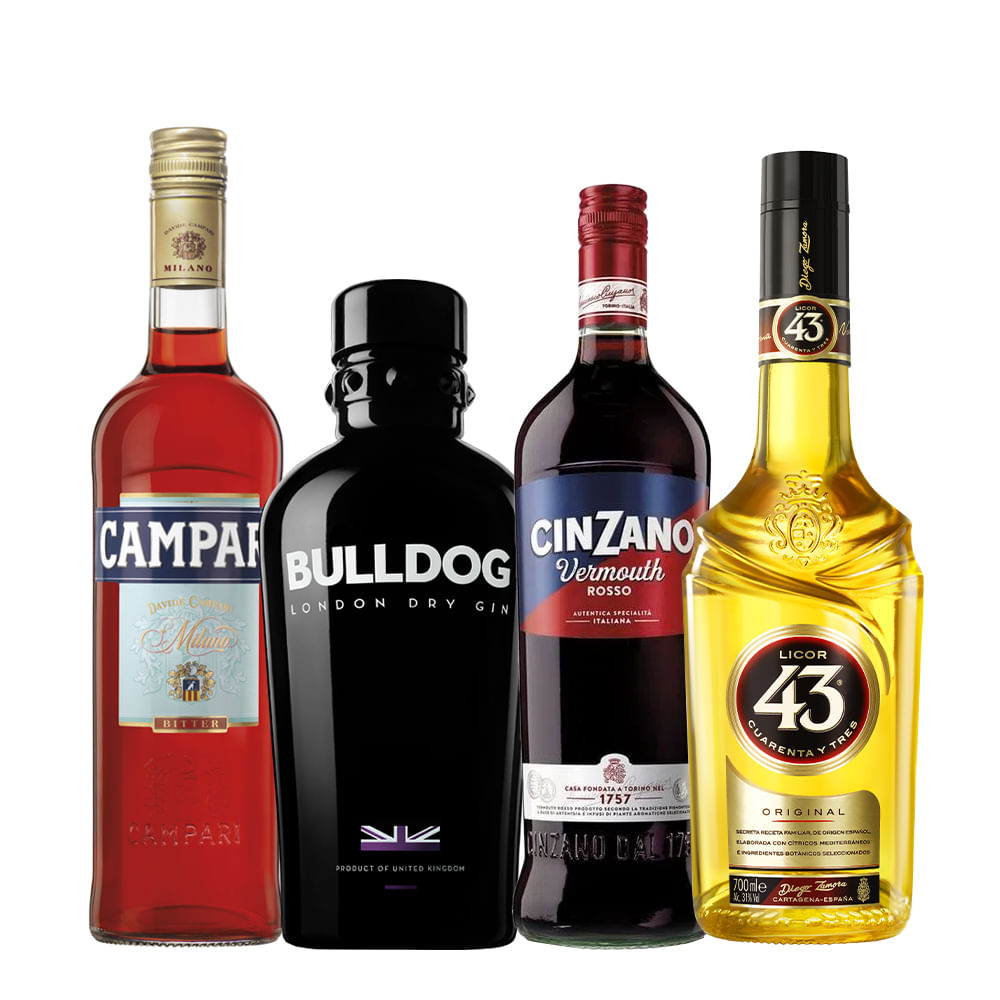 Pack Cóctel Negroni 43 (Licor Campari + Gin Bulldog + Licor Cinzano Vermouth Rosso + Licor 43)