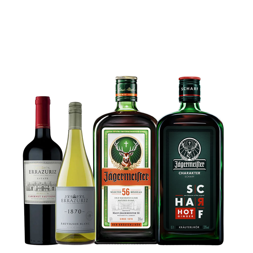 Pack 2x Licor Jägermeister 700cc + Licor Jägermeister Scharf 700cc + 2x Vino Errázuriz 375cc