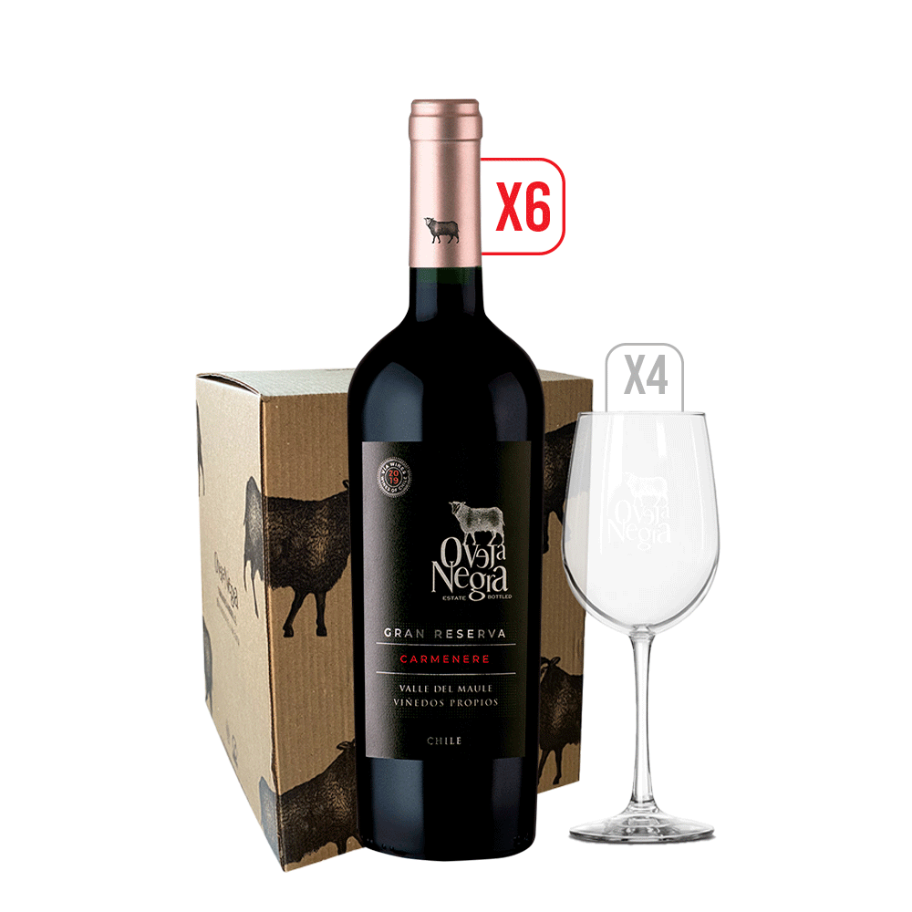 Pack 6x Vino Oveja Negra Gran Reserva Carmenere 750cc + Set 4x Copas Oveja Negra