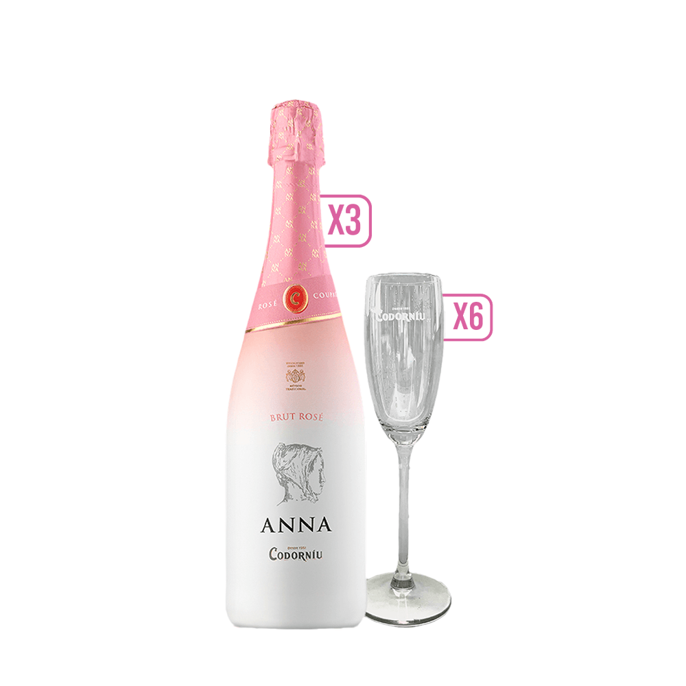 Pack 3x Espumante Codorniu Anna Rose 750cc + 6x Copas Espumante