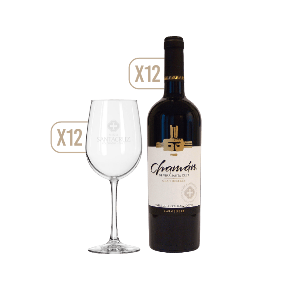 Pack 12x Vino Santa Cruz Chamán Gran Reserva Carmenere + 12 Copas