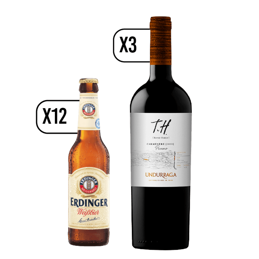 Pack Cerveza Erdinger Weissbier 330ml + 3 Vino T.H. Peumo Carmenere