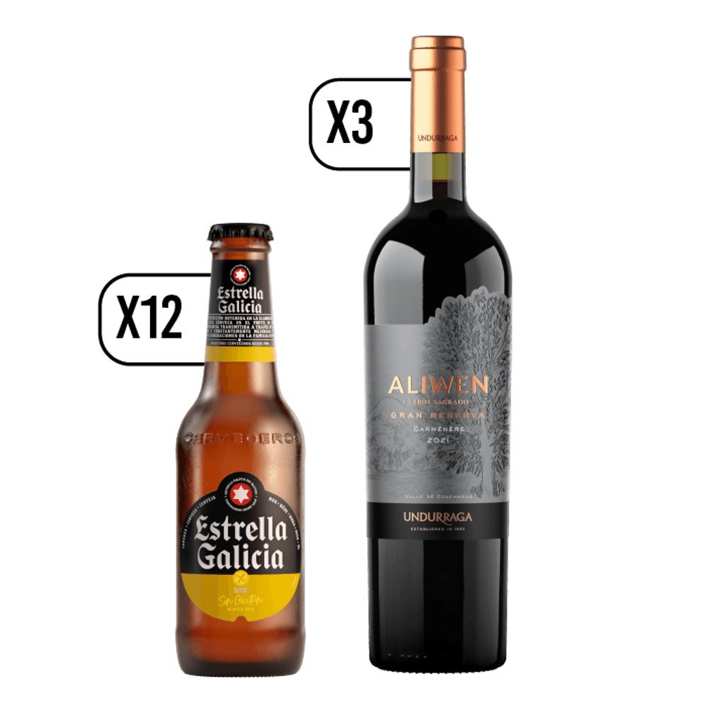 Pack 12 Cerveza Estrella Galicia sin gluten 250cc + 3 Vino Aliwen Gran Reserva Carmenere