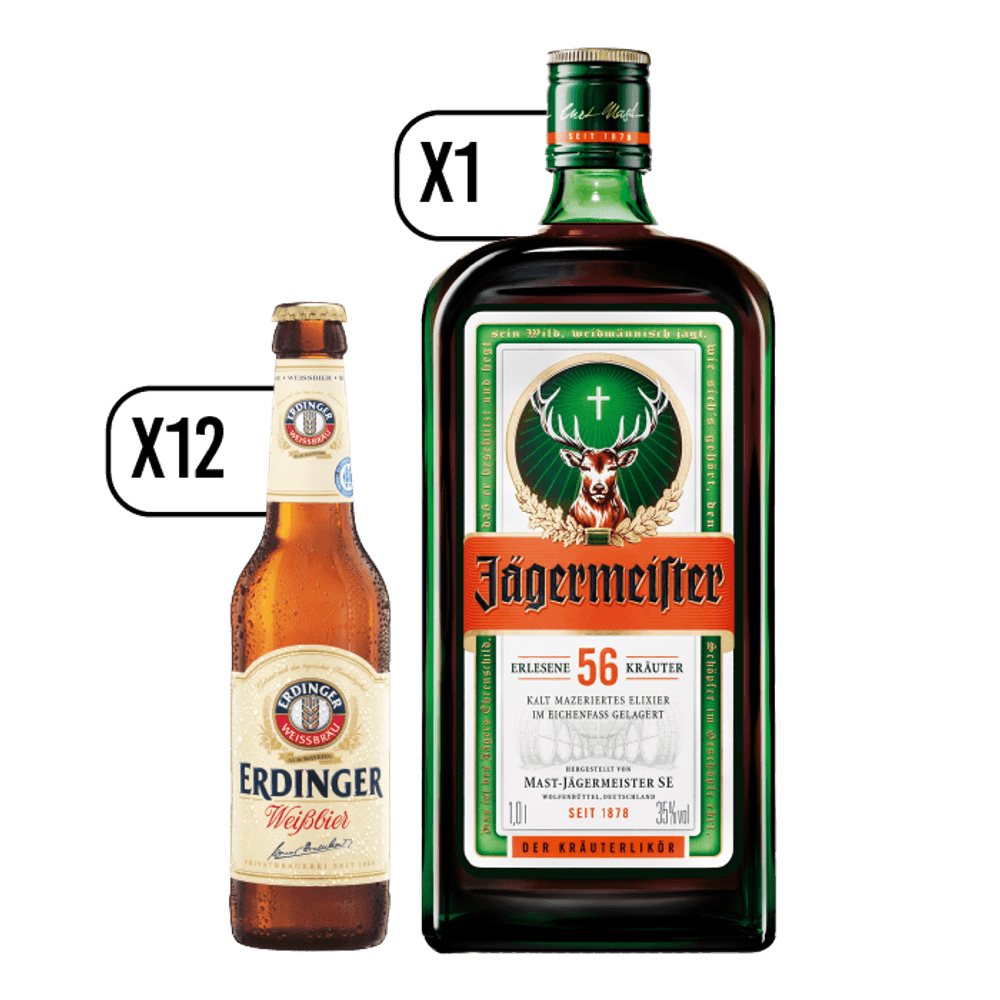 Pack 12 Cerveza Erdinger Weissbier 330cc + Licor Jägermeister 1000cc