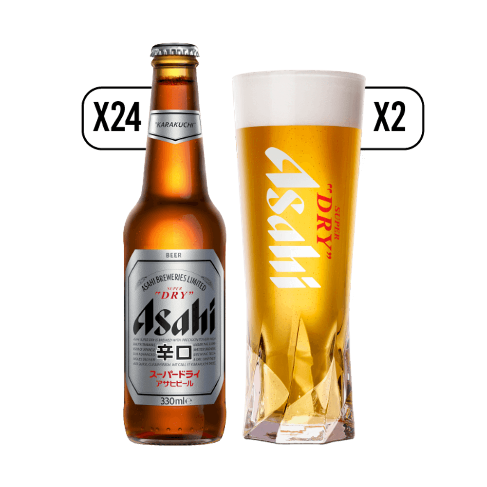 Pack Cerveza 24x Asahi Lager 330cc + 2x Vaso 330cc