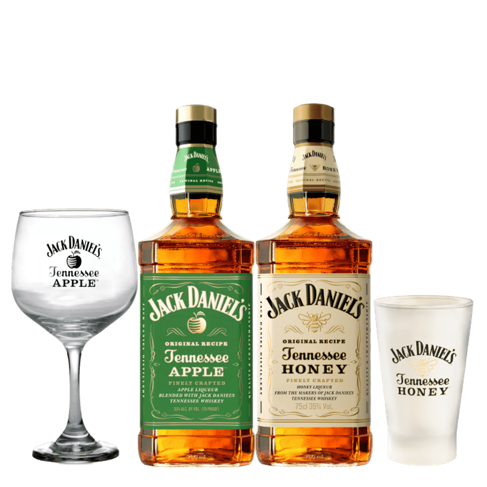 Pack Jack Daniels Honey 750cc + Jack Daniels Apple 750cc + 1 vaso y 1 copa