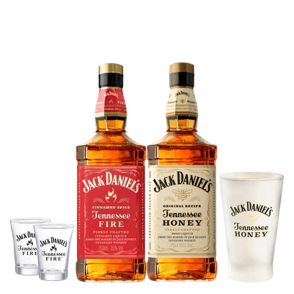 Pack Jack Daniels Honey 750cc + Jack Daniels Fire 750cc + 1 vaso y 2 shots