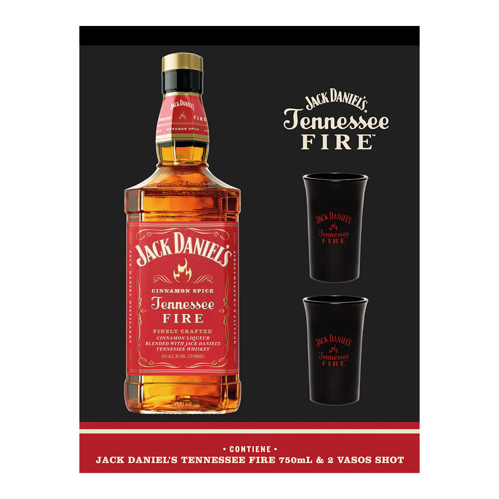 Pack Whiskey Jack Daniel´s Fire 750cc + 2 Vasos shots Negros