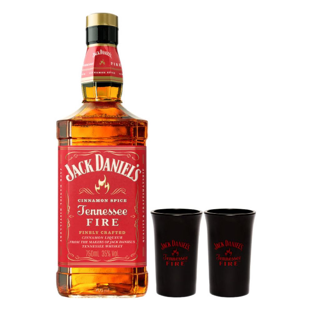 Pack Whiskey Jack Daniel´s Fire 750cc + 2 Vasos shots Negros